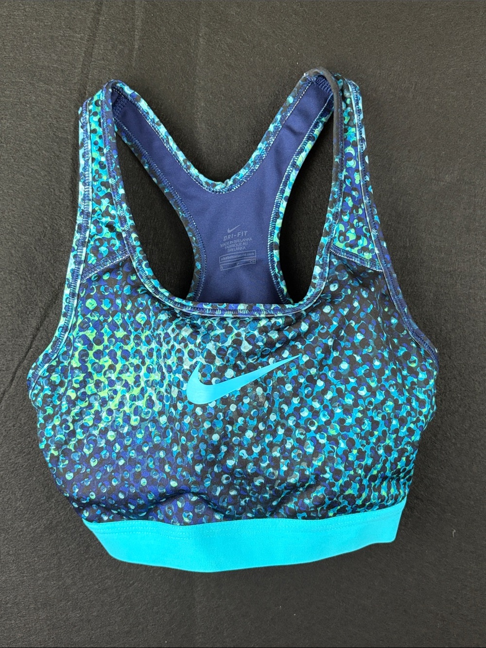 Nike Women's Dri-FIT Blue Green Printed Sports Built-in Padded Bra Size Small